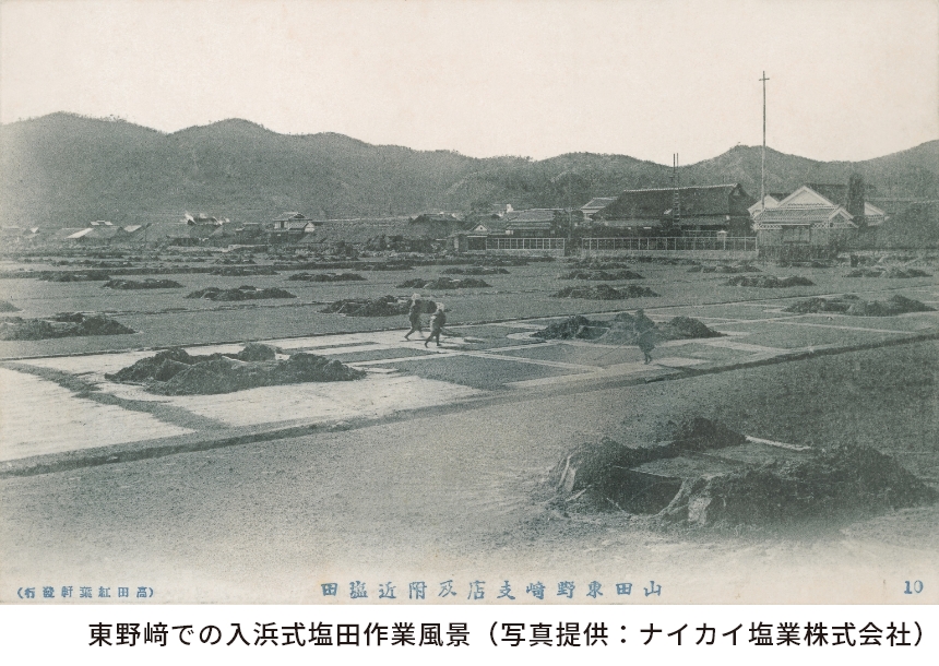 東野﨑での入浜式塩田作業風景（写真提供：ナイカイ塩業株式会社）